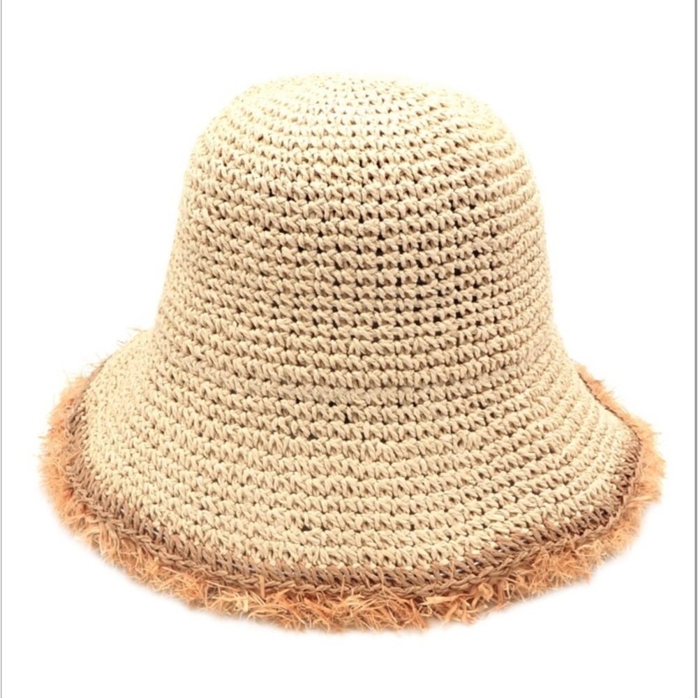 Women’s Cream Crochet Bucket Hat with Tan Fringe